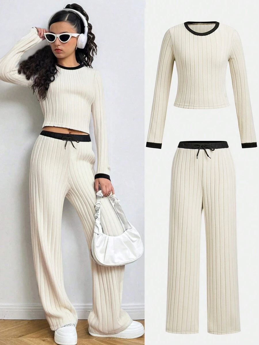 SHEIN Explorewe 2pcs/Set Tween Girl Casual Contrast Color Round Neck Top And Pants Set - Khaki - View 1