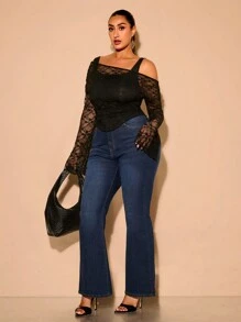 SHEIN BAE Plus Size Women's See-Through Lace Long Sleeve Blouse And Camisole Two Pieces Set, Suitable For Dating, Party, Christmas, Off-Shoulder, Black, Blouse For Women, Tops For Women, Off-Shoulder Top, T-Shirts, Knit Top, Crop Top, Asymmetrical, Curve Tops, Fitted, Plain, Women's Basics, Western Women's Clothes, Summer, Tight, Easter, Spring Clothes - Black - View 1