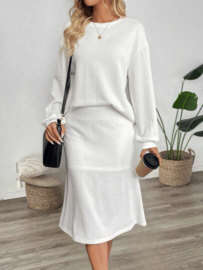 SHEIN LUNE 2 件套女士休闲蓬松长袖上衣和裙子套装两件套秋季服装