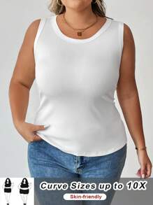 SHEIN CURVE+ Curve Plus Basic Figure-Flattering Sleeveless Round Neck White Tank Top Camisole For Autumn, For Summer