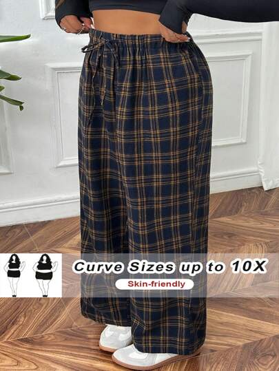 SHEIN CURVE+ Curve Plus Size Women Plaid Drawstring Waist Loose Wide Leg Casual Pants For Autumn