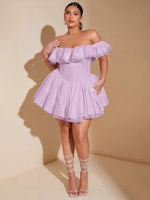 SHEIN BAE 大码褶皱蕾丝边露肩优雅褶裥连衣裙，派对礼服 - 淡紫色 - 查看 1