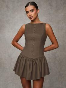 SHEIN BAE 女士纯色荷叶边下摆圆领无袖优雅迷你连衣裙，黑色返校节礼服，返校节礼服，短款礼服，黑色迷你连衣裙