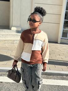 SHEIN Tween-Mädchen Lässiger Pullover mit Rundhalsausschnitt und Farbblockdesign. Lockeres Langarm-Sweatshirt