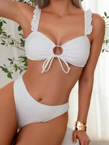 SHEIN Swim Conjunto de bikini de verano para mujer con textura de volantes y atar - Blanco - Ver 4