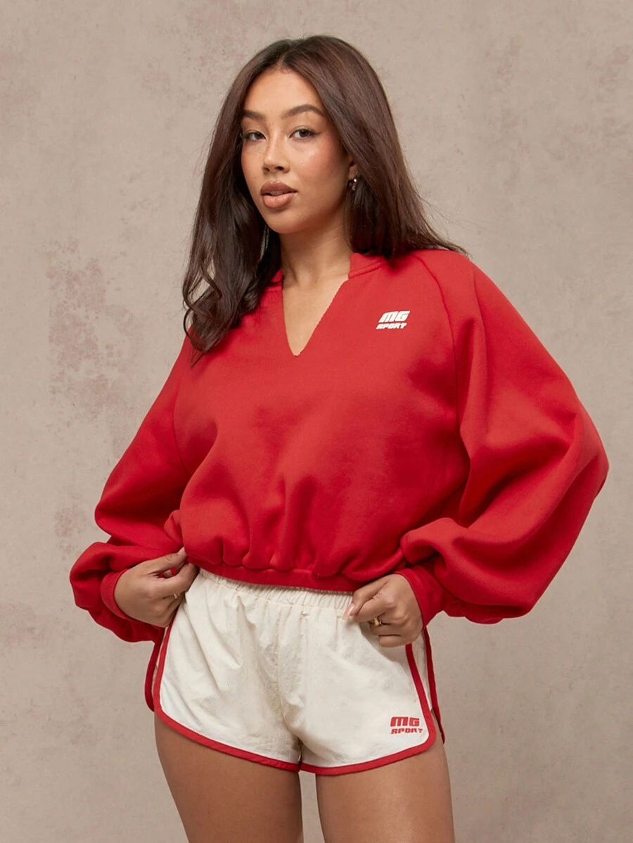 MISSGUIDED MG 运动性能 V 领短款上衣运动健身套头衫灯笼袖训练运动服秋冬运动服