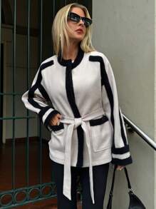 Forever 21 Neue Winterkontrastfarben-Jacke mit einseitigen langen Ärmeln, vielseitig und minimalistisch im Streetwear-Stil, warme Winterjacke für Frauen, Outfit für Silvester, Schnee, Neujahr und Weihnachten, weißer Mantel mit Fleece, elegantes Outfit