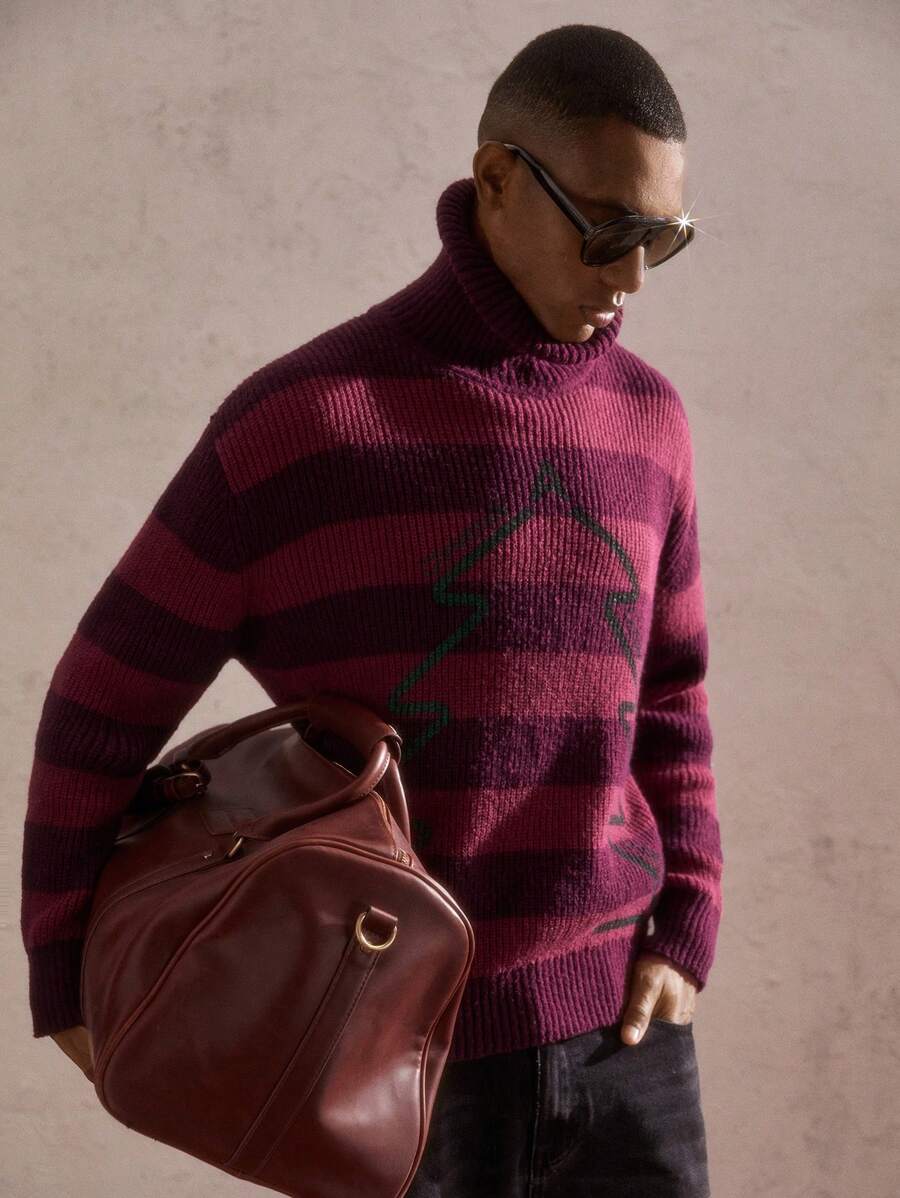 AKNOTIC Party 圣诞节男士红色条纹撞色毛衣，宽松落肩休闲针织衫，适合圣诞节和新年，圣诞树图案和圣诞祝福，适合秋冬 - 紅色 - 查看 1