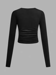 3pcs/Set Tween Girls Fitted Casual Solid Color & Striped Round Neck Ruched Waist Long Sleeve T-Shirt, Black & White Striped Knit Tops - Black and White - View 3