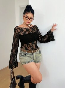 SHEIN EZwear 大码女式蕾丝透视长袖衬衫 - 黑色 - 查看 5