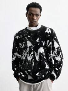 Maija 2025 New Men's Loose Fit Thickened Pullover Sweater, Black & White Color-Block, Casual Wear For Christmas, New Year, Valentine's Day, Daily Life