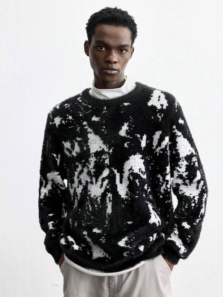 SHEIN Maija 2025 New Men's Loose Fit Thickened Pullover Sweater, Black & White Color-Block, Casual Wear For Christmas, New Year, Valentine's Day, Daily Life