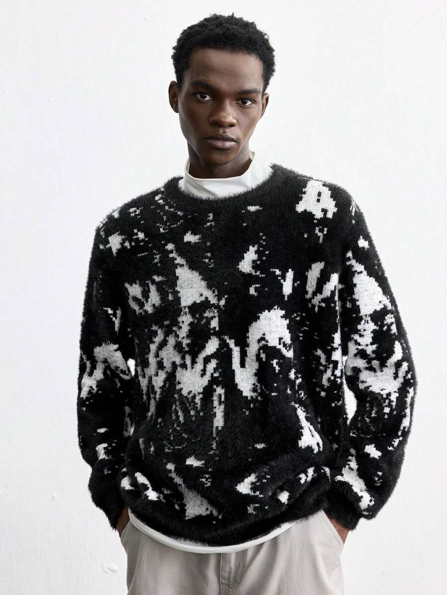 Maija 2025 New Men's Loose Fit Thickened Pullover Sweater, Black & White Color-Block, Casual Wear For Christmas, New Year, Valentine's Day, Daily Life