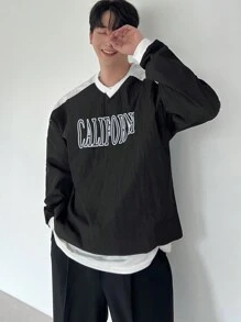 DAZY Men's Solid Color Patchwork Long Sleeve Letter Print Casual Pullover Sweatshirt,Fall Clothes Business Attire - Black - View 3