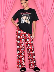 Betty Boop x SHEIN Women Casual Cartoon Character Letter Print Short Sleeve Black Top & Relaxed Straight Leg Pants Pajama Set - Multicolor - View 1