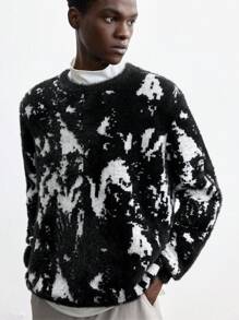 Maija 2025 New Men's Loose Fit Thickened Pullover Sweater, Black & White Color-Block, Casual Wear For Christmas, New Year, Valentine's Day, Daily Life