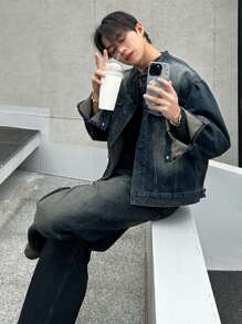 DAZY Men's Drop Shoulder Long Sleeve Single Breasted Casual Denim Jacket, Autumn,Back To School, Emo Style - Blue - View 9