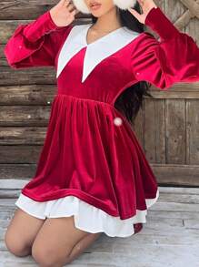 SHEIN EZwear Contrast Color Peter Pan Collar Elegant Long Sleeve Velvet Dress