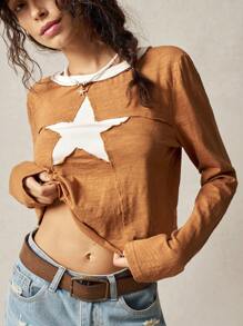 Bohemela 休闲针织圆领五角星图案长袖修身女式 T 恤