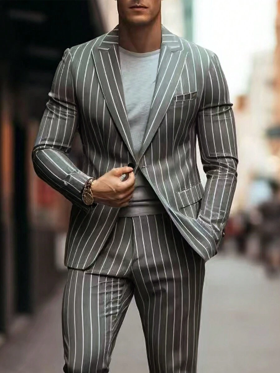 Manfinity Mode Bộ đồ đi làm kẻ sọc cho nam: Bộ áo khoác và quần - Xám - Xem 1