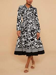 Travachic Bloemenprint Lange Mouw Voorkant Zak Shirt Jurk Voor Vrouwen, Midi Lengte