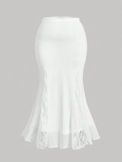 SHEIN MOD 大码高腰蕾丝拼布鱼尾网眼裙