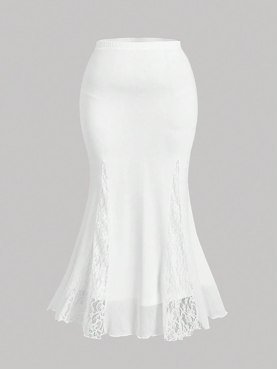 SHEIN MOD 大码高腰蕾丝拼布鱼尾网眼裙 - 白色 - 查看 1
