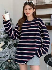 DAZY Striped Loose Drop Shoulder Long Sleeve Round Neck Women T-Shirt,Fall Clothes