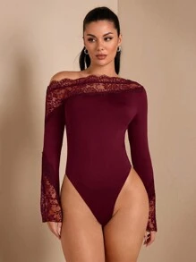 SHEIN BAE 女士秋冬纯色性感优雅不对称蕾丝撞色长喇叭袖紧身衣，适合分层搭配，温暖针织紧身衣，外向，浪漫约会，派对 - 酒紅色 - 查看 4