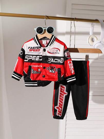 SHEIN Playful Pals 2pcs Baby Boys Racing Car Letter Print Contrast Color Stand Collar Jacket And Letter Print Pants Set, Suitable For All Seasons, Great For Outings, Parties Or Daily Wear, Cool And Comfortable