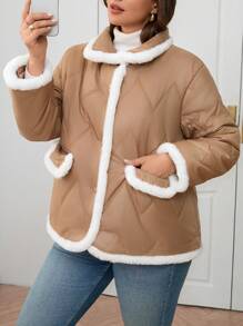 SHEIN Clasi Curvy Plus Size Women's White Fluffy Paneled Single Breasted Quilted Casual Jacket,Winter Fleece-Lined Coat For Hiking Outings,Abrigos - Apricot - View 7