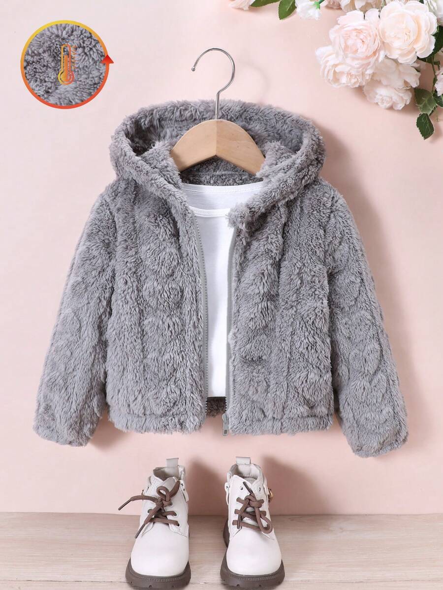 SHEIN Elladie kids 1 件年轻女孩休闲粉色柔软羊毛夹克，心形图案拉链前开衫带帽，秋冬 - 灰色 - 查看 1