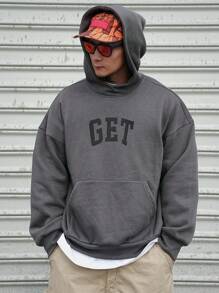 DAZY 男士字母印花口袋长袖休闲套头连帽衫，秋季服装 - 黑色 - 查看 2