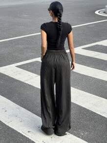 SHEIN EZwear Women's Casual Loose Woven Striped Wide Leg Pants, Black - Black - View 2
