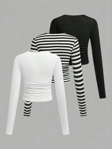 3pcs/Set Tween Girls Fitted Casual Solid Color & Striped Round Neck Ruched Waist Long Sleeve T-Shirt, Black & White Striped Knit Tops - Black and White - View 2