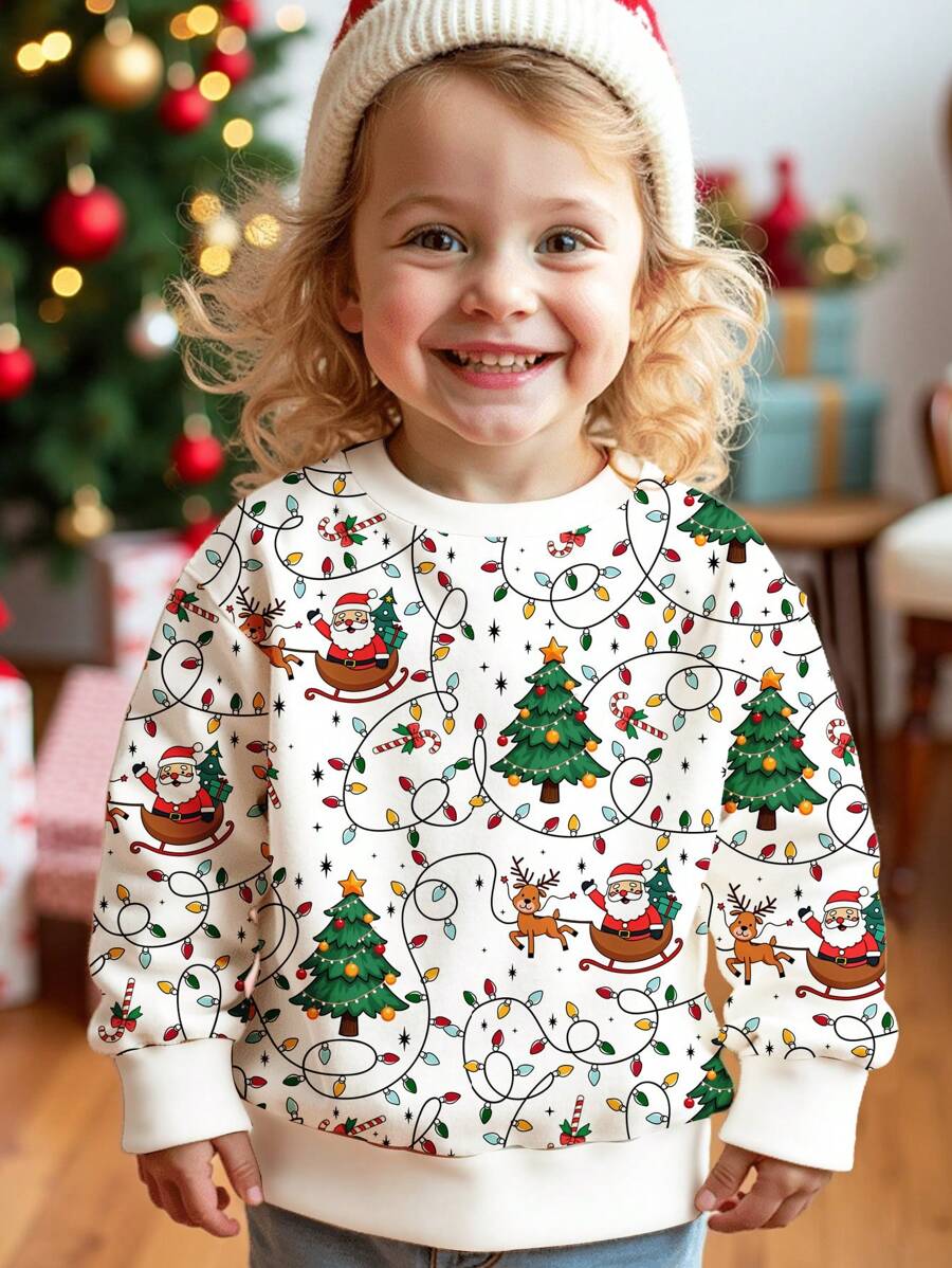 SHEIN 欢快明亮的印花圣诞运动衫，休闲宽松舒适柔软针织圆领套头连帽衫，适合女婴