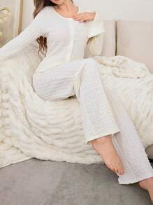 Solid Color V-Neck Jacquard Open Front Long Sleeve & Long Pants Pajama Set - Apricot - View 4