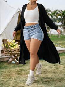 SHEIN EZwear Plus Drop Shoulder Open Front Coat Winter Fall Autumn - Black - View 6