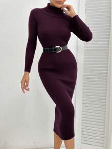 SHEIN PETITE 高领罗纹针织毛衣连衣裙纯色修身版型 - 米色 - 查看 3