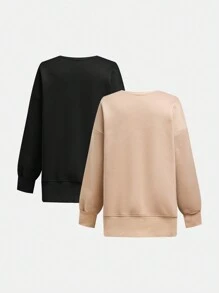 SHEIN Tween 女童两件套休闲舒适宽松圆领运动衫 - 彩色 - 查看 2