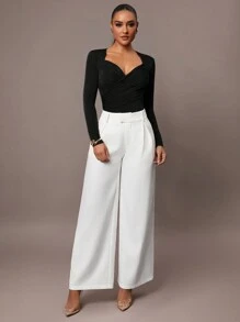 Silquee 女士纯橄榄绿色荷叶边不对称交叉修身长袖紧身衣，经典优雅设计，适合通勤和日常穿着，适合秋冬季分层穿着 - 黑色 - 查看 2