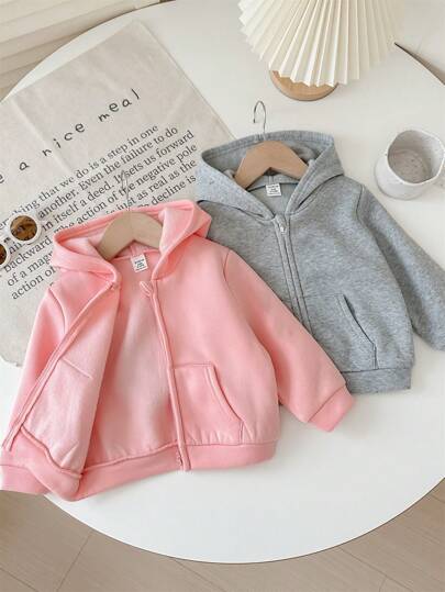 SHEIN LMoss Kids LMoss 2 件套女婴可爱纯色连帽运动衫套装