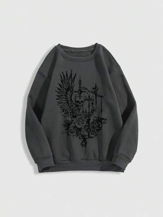 Goth Winged Skull Cross Rose Print Fleece Pullover Hoodie