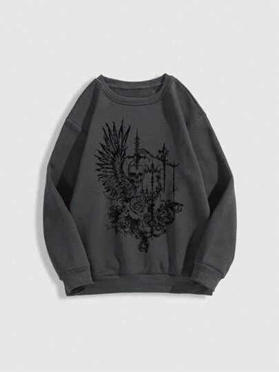 Goth sweat-shirt à capuche sweat-shirt en polaire avec impression de crâne ailé, croix et rose