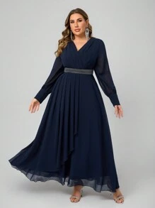 SHEIN Belle Plus Size Women V-Neck Long Sleeve Crystal Embellished Flared Formal Gown With Waist Cinching, Slimming Gown Jacquard Dress Valentine's Day Dress Valentine's Day Dress Black Cocktail Dress Women's Christmas Black Evening Dress Formal Party Dresses Autumn And Winter Black Sexy Mesh Long Sleeve Bridesmaid Dress, Semi Formal Prom Dress, For Birthday, Wedding Guest, Graduation, Homecoming - Navy Blue - View 10