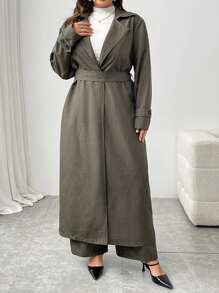 Mulvari Plus Size Solid Color Long Sleeve Basic Coat And Pants 2 Pieces Casual Set - Army Green - View 5