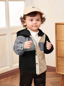 SHEIN 男婴休闲校园风格彩色连帽套头灯芯绒衬衫 - 黑與白 - 查看 14