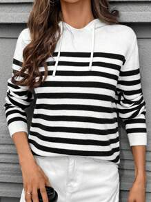 SHEIN LUNE Dames Casual Colorblock Gestreepte Trekkoord Capuchon Trui, Herfst/Winter