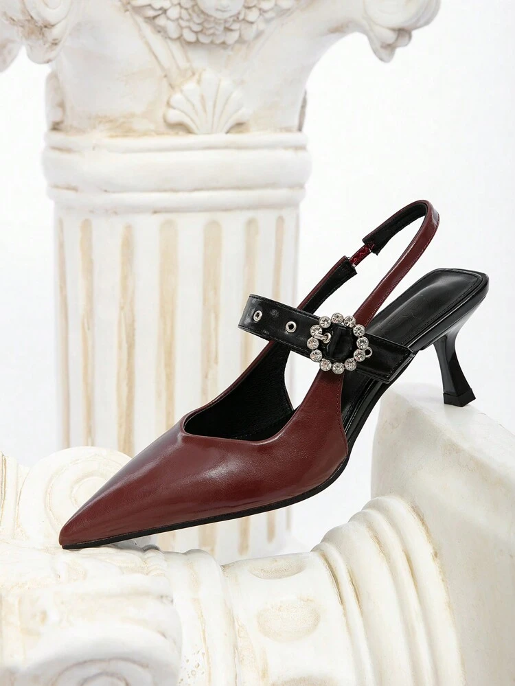 CUCCOO CHICEST Women's Pointed Toe Studded Ankle Strap Mid Heel Block Color Pumps, Elegant Office Wear & Romantic Outfit, Chocolate Brown & Black