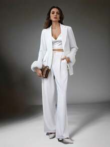 SHEIN Privé Women White Asymmetrical Hemline Feather Cuff Blazer Jacket - White - View 6